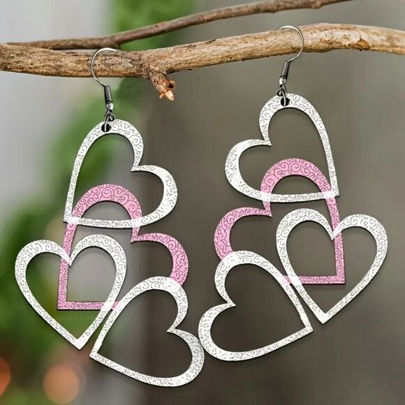 NIB - Multi-Layered Pink & Silver Heart Cluster Earrings - Picture 5 of 5